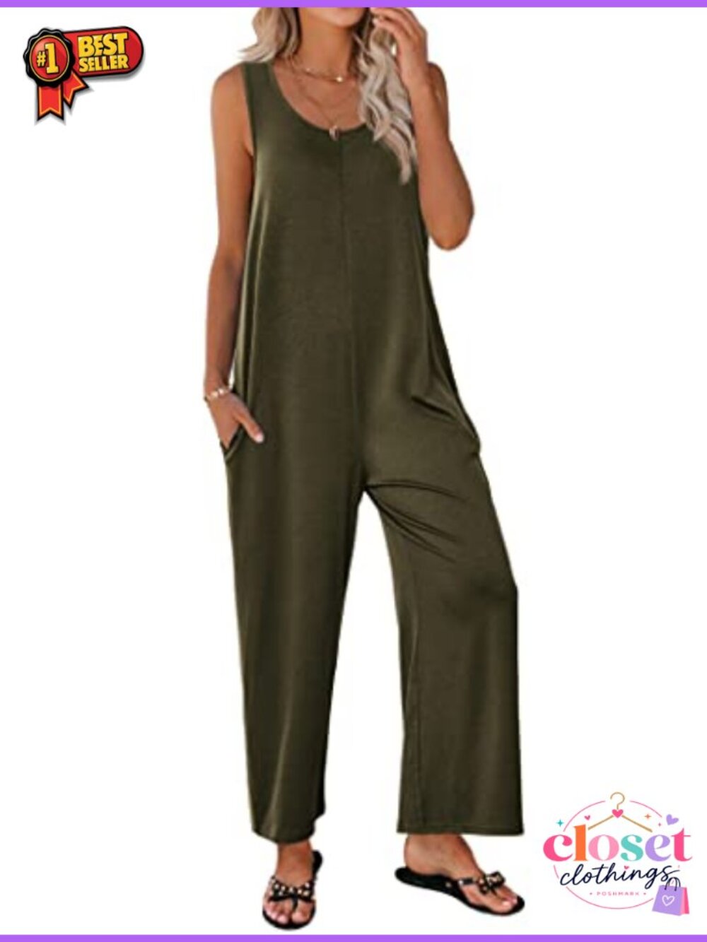 Women's Sleeveless Jumpsuit with Pockets Wide Leg Summer Romper Travel Outfit